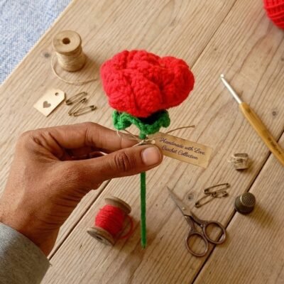 Handmade Crochet Rose Flower – Knitted Artificial Rose Gift for Decoration